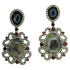 Sliced Geode Two Tier Earrings With Red Garnet & Diamonds In 18k Gold & Silver