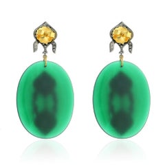 Sliced Green Onyx Earring with Diamond and Tourmaline Motif on Top