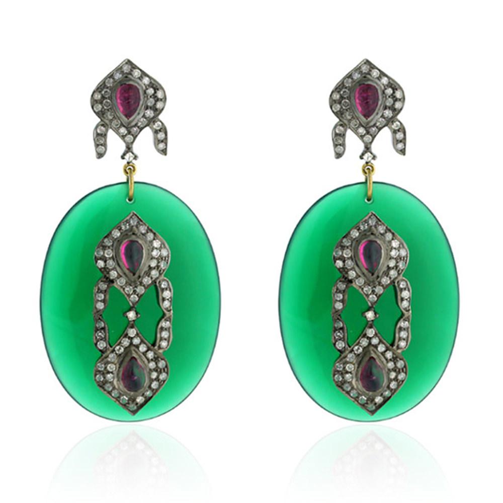 Modern Sliced Green Onyx Earring with Diamond and Tourmaline Motif on Top  For Sale