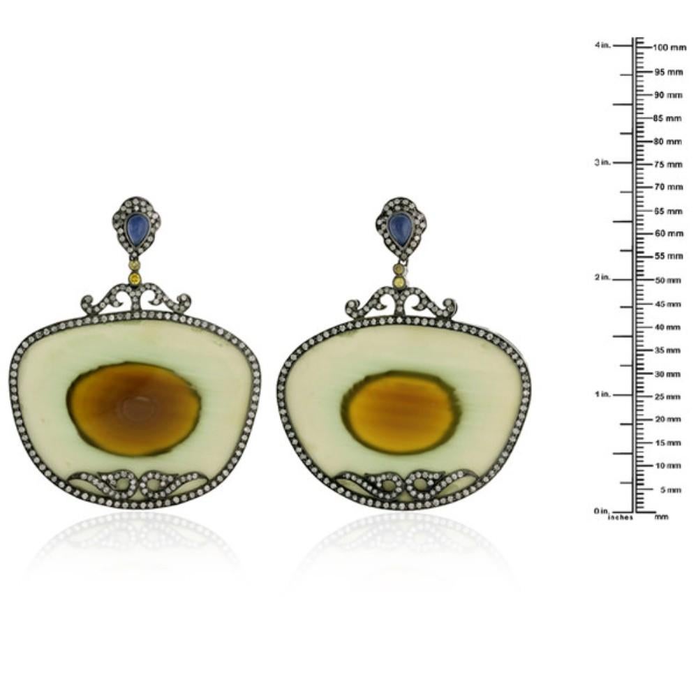 Mixed Cut Sliced Jasper Dangle Earrings With Blue Sapphire & Pave Diamonds In 18k Gold For Sale