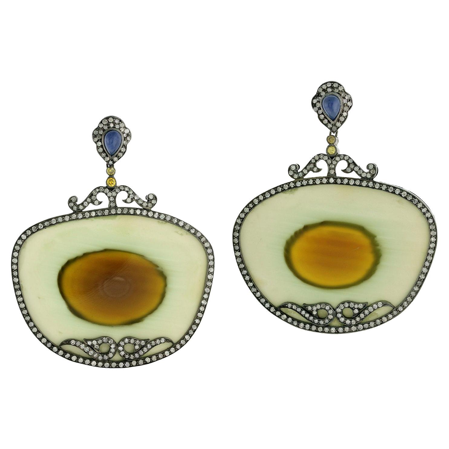 Sliced Jasper Dangle Earrings With Blue Sapphire & Pave Diamonds In 18k Gold For Sale