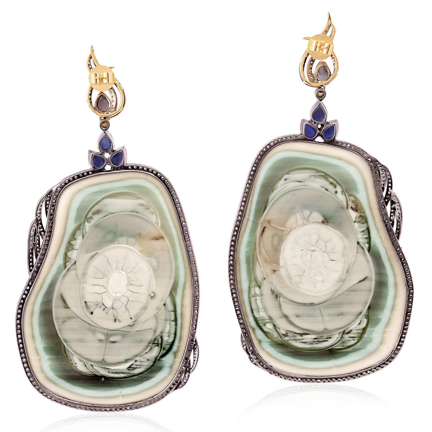 Contemporary Sliced Jasper Dangle Earrings With Sapphire & Diamond In 18k White Gold & Silver For Sale
