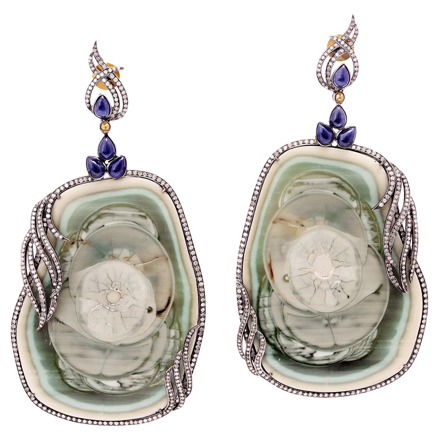 Sliced Jasper Dangle Earrings With Sapphire & Diamond In 18k White Gold & Silver For Sale