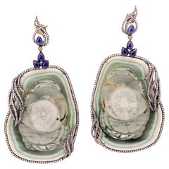Boucles d'oreilles pendantes en Jasper tranché avec saphir et diamant en or blanc 18k et argent