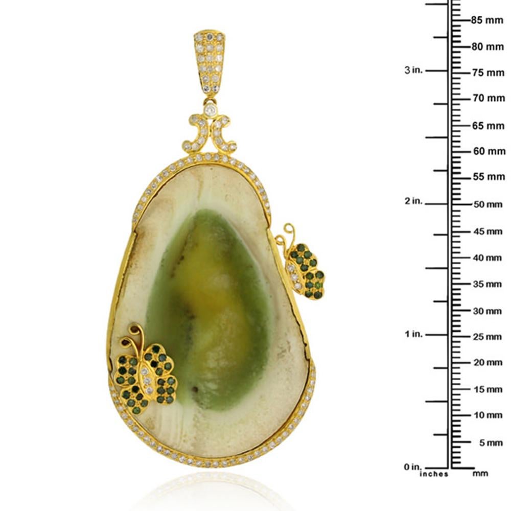 Artisan Sliced Jasper Pendant with Butterfles Made in 18k Yellow Gold with Diamond For Sale