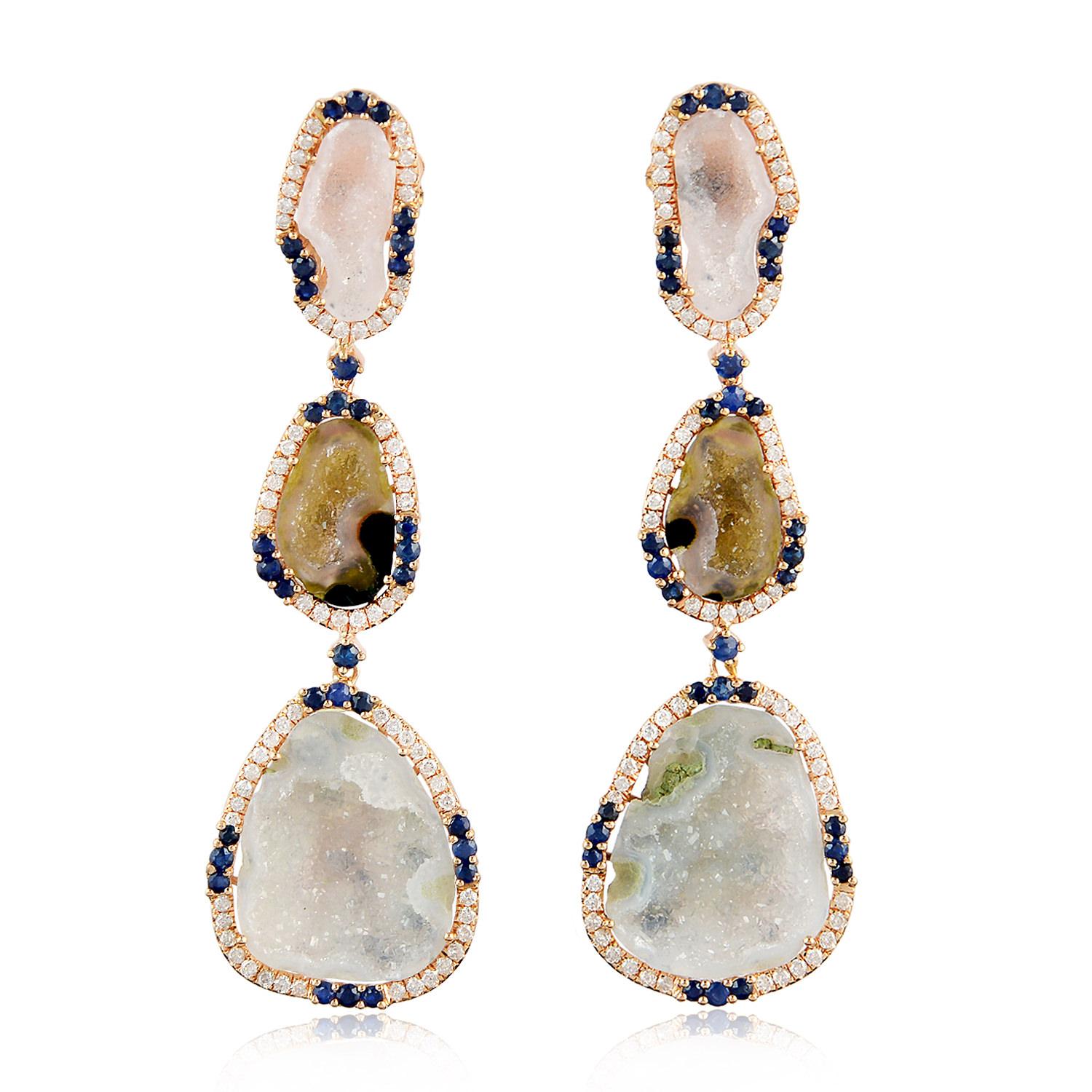 Sliced Multicolor Geode Earrings With Sapphire & Diamonds In 18k Yellow Gold In New Condition For Sale In New York, NY