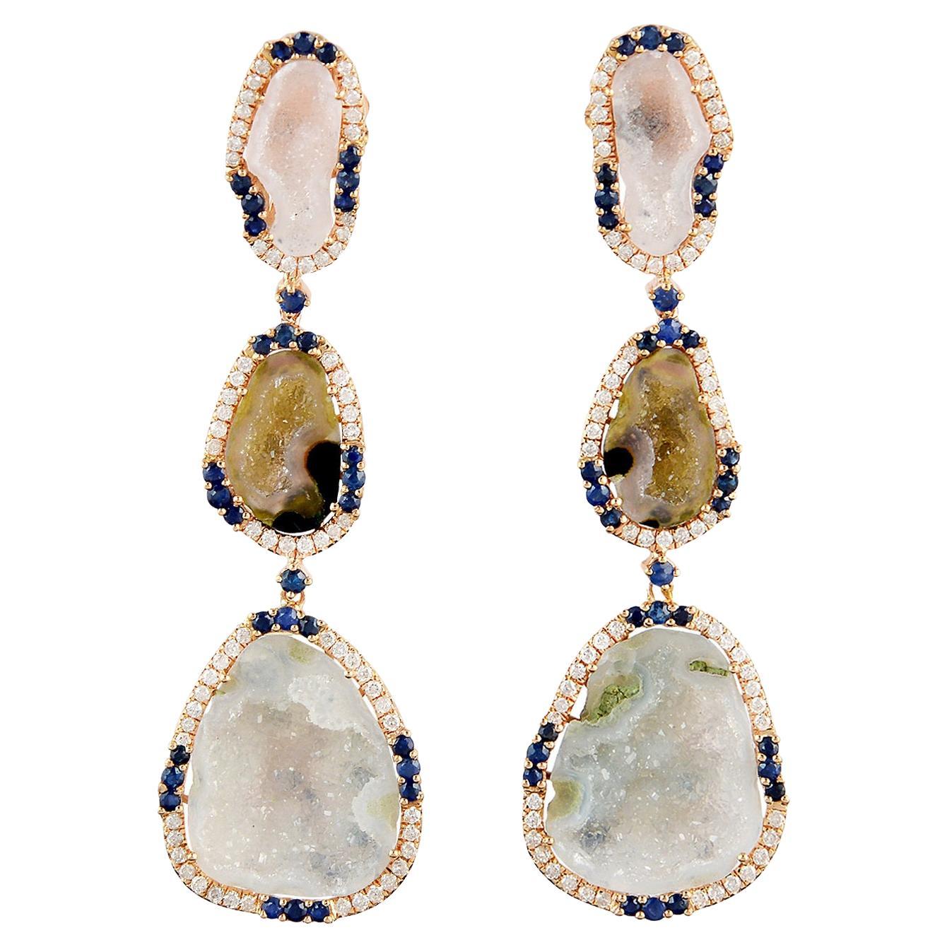 Sliced Multicolor Geode Earrings With Sapphire & Diamonds In 18k Yellow Gold For Sale