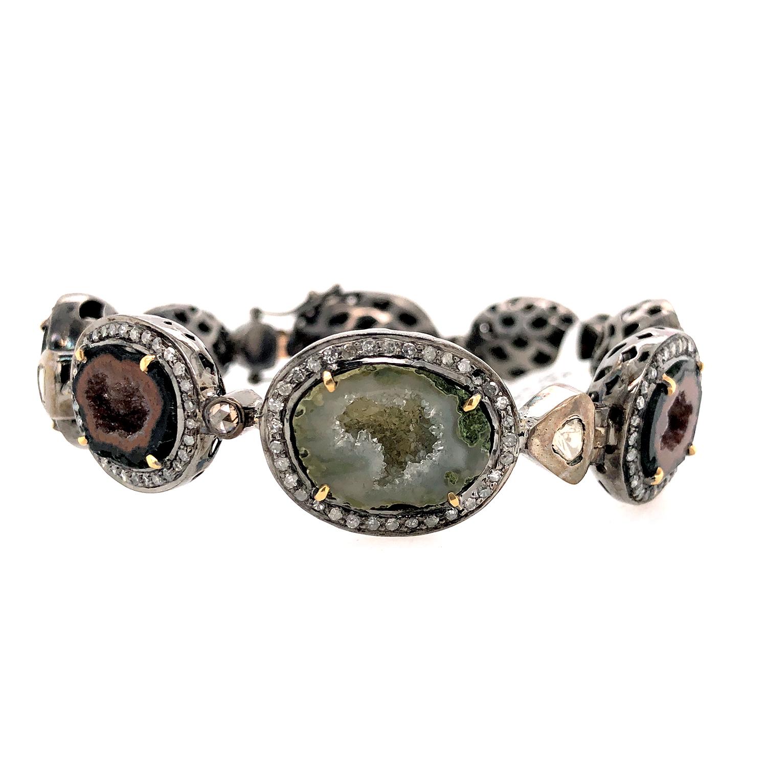 Mixed Cut Sliced Multicolor Geode Handmade Bangle with Pave Diamonds Made in Gold & Silver For Sale