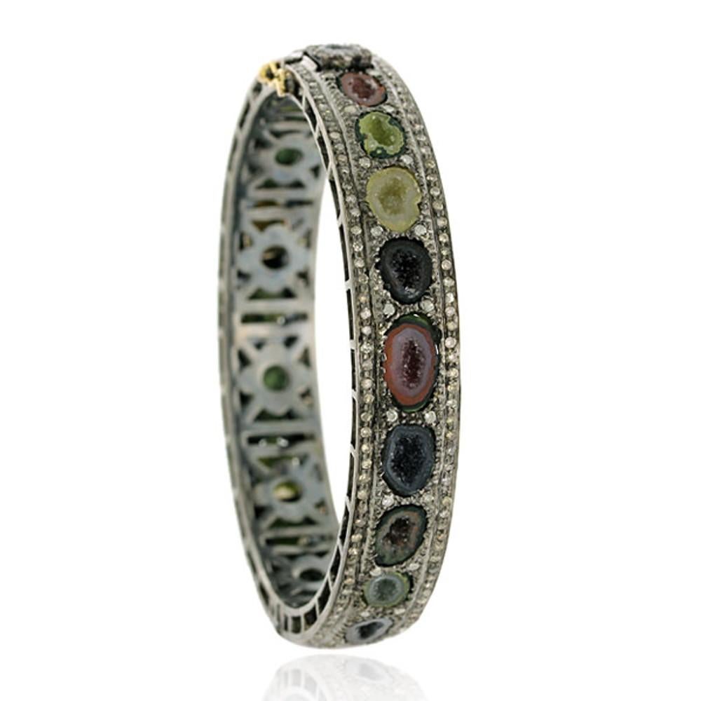 Artisan Sliced Multicolor Geode Tennis Bracelet with Diamonds Made in 18k Gold & Silver For Sale