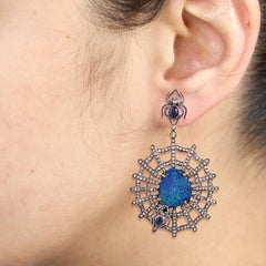 Sliced Opal & Blue Sapphire Earrings with Spider & Web Design in Pave Diamonds