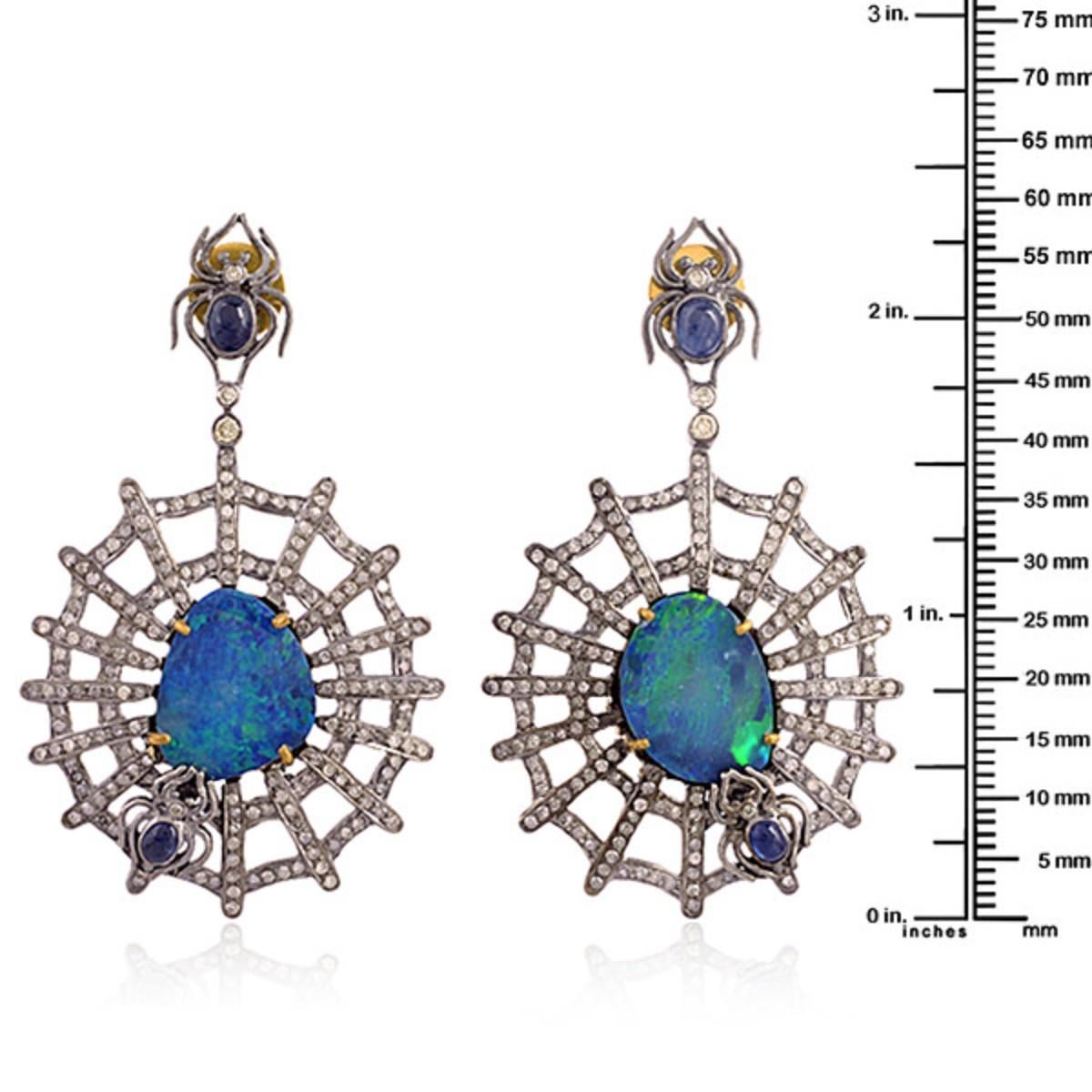 Artisan Sliced Opal & Blue Sapphire Earrings with Spider & Web Design in Pave Diamonds For Sale