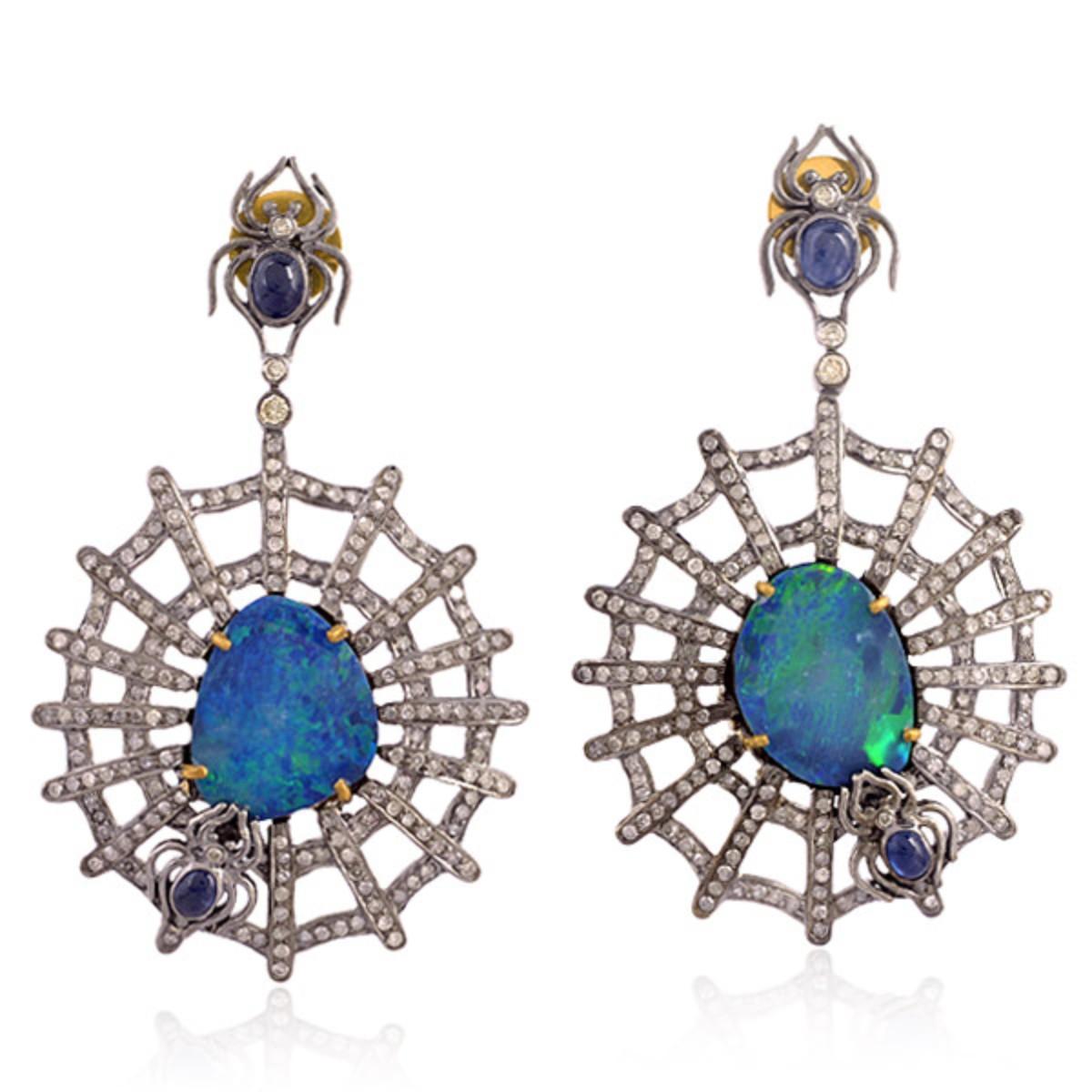 Mixed Cut Sliced Opal & Blue Sapphire Earrings with Spider & Web Design in Pave Diamonds For Sale