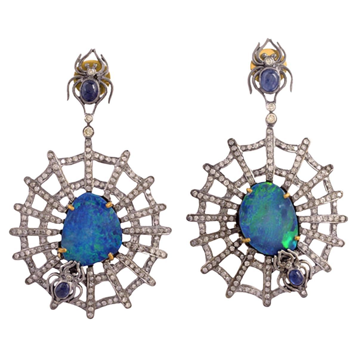 Sliced Opal & Blue Sapphire Earrings with Spider & Web Design in Pave Diamonds For Sale