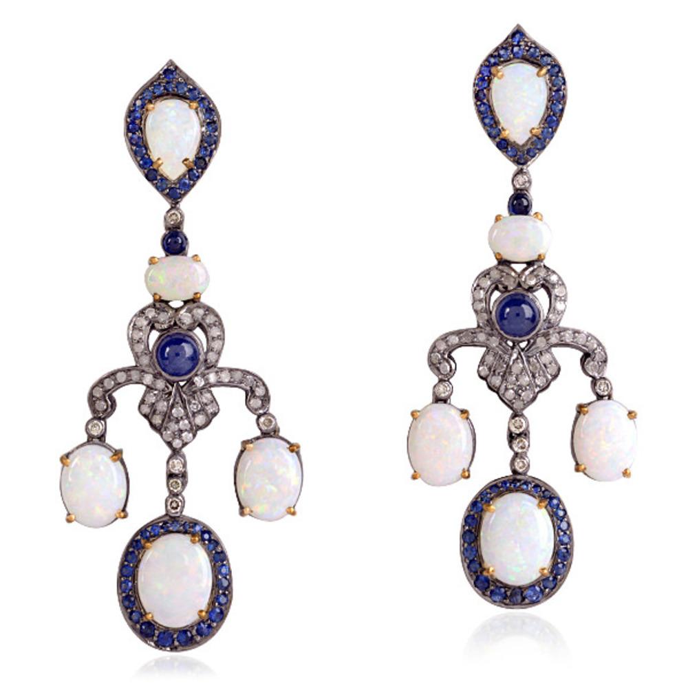Art Deco Opal Chandelier Earring with Sapphire & Diamond Made in 18k Gold & Silver For Sale