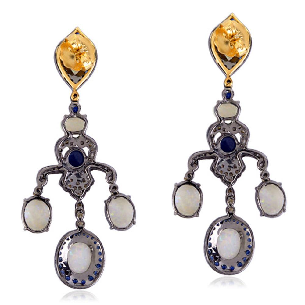 Art Deco Opal Chandelier Earring with Sapphire & Diamond Made in 18k Gold & Silver For Sale