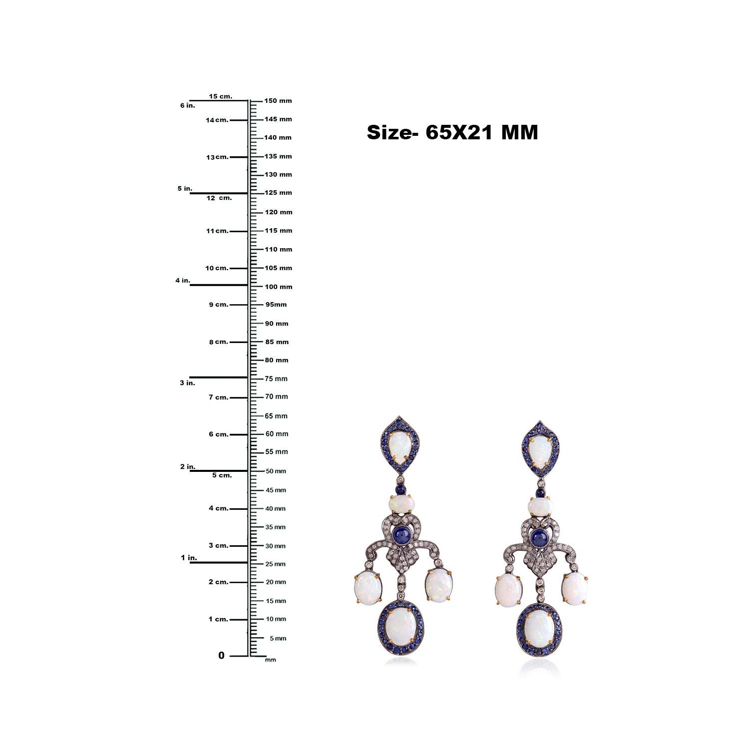 Sliced Opal-Kronleuchter-Ohrring mit Saphir & Diamant aus 18k Gold & Silber im Zustand „Neu“ im Angebot in New York, NY