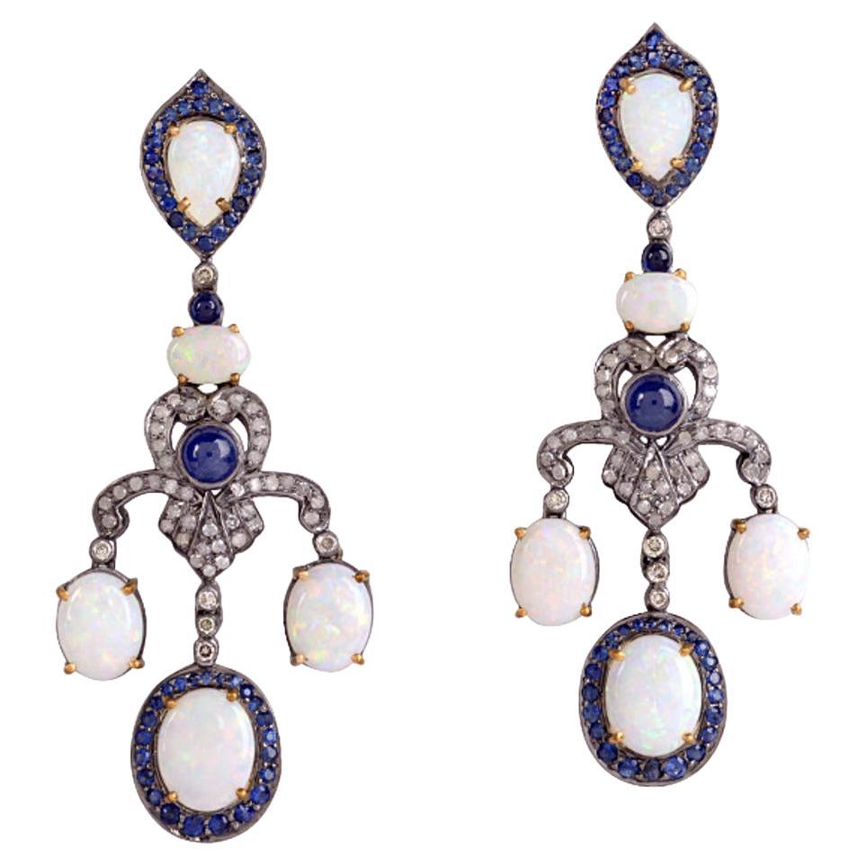 Opal Chandelier Earring with Sapphire & Diamond Made in 18k Gold & Silver