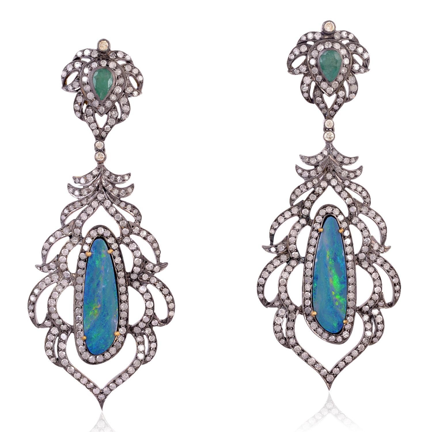 Mixed Cut Sliced Opal & Emerald Earring With Pave Diamonds Made In 18k Gold & Silver For Sale