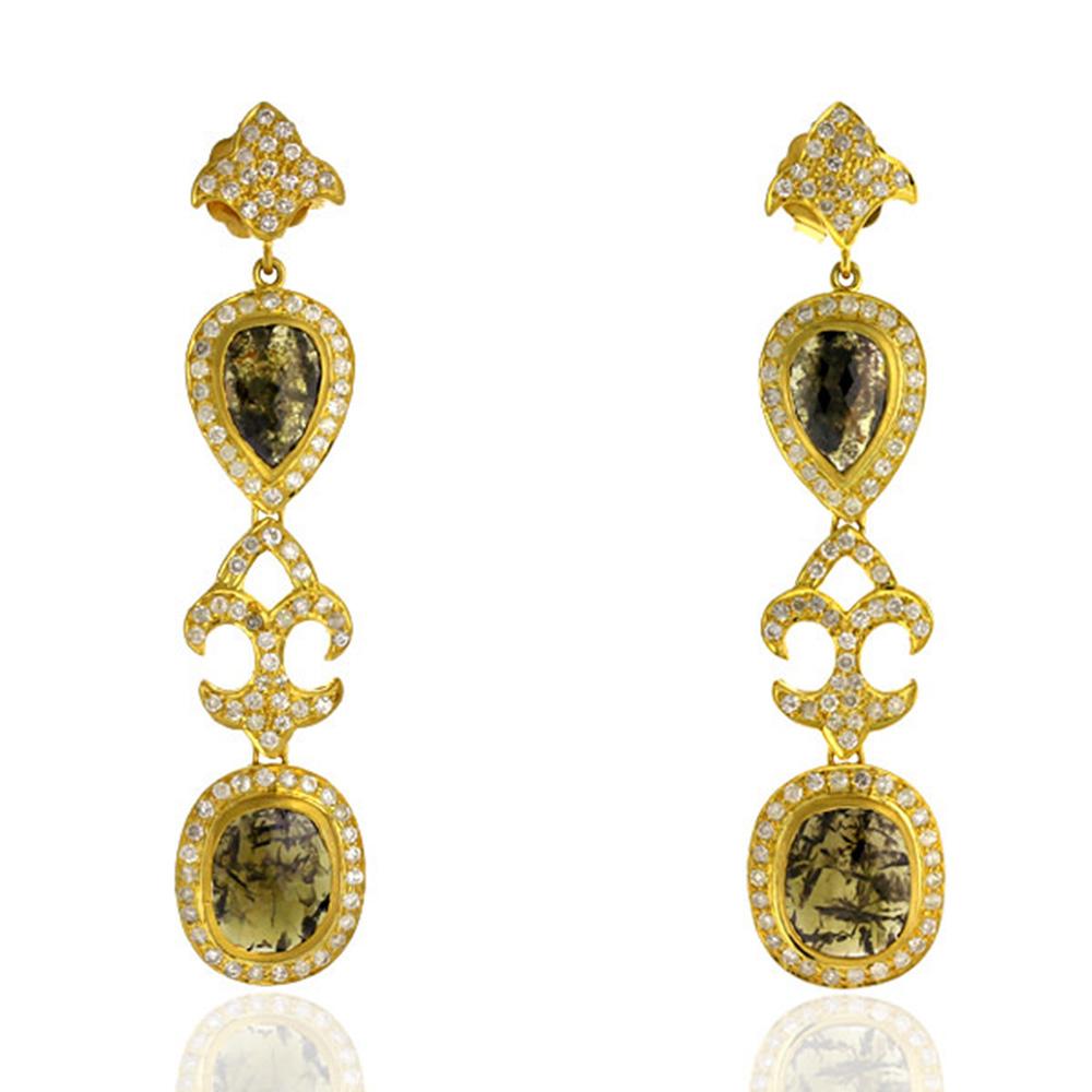 Mixed Cut Sliced Pear & Oval Shaped Diamond Earrings with Pave Diamonds in 18k Yellow Gold For Sale