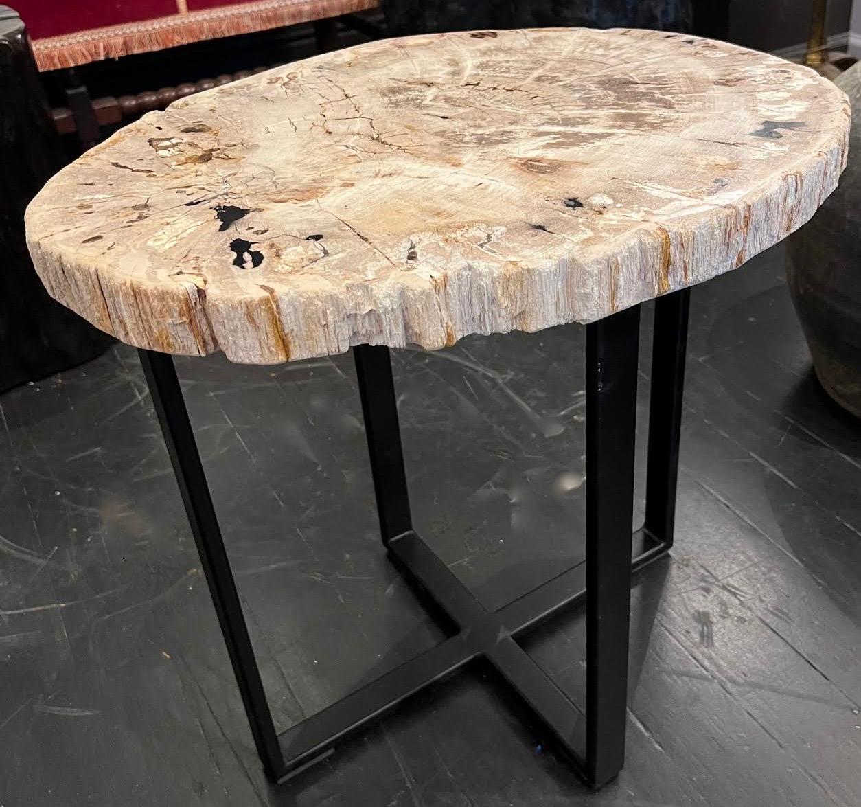 Contemporary Indonesian thick slice petrified wood side table
Polished stone
Sits atop steel base
Also coffee table available ( F2907 ).