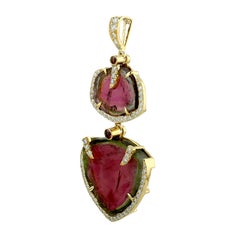 Sliced & Rose Cut Watermelon Tourmaline Pendant Made in 18k Yellow Gold