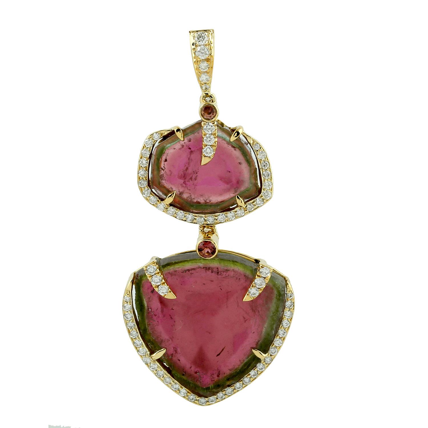 Mixed Cut Sliced & Rose Cut Watermelon Tourmaline Pendant Made in 18k Yellow Gold For Sale