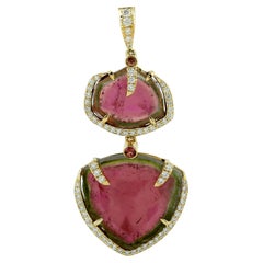 Sliced & Rose Cut Watermelon Tourmaline Pendant Made in 18k Yellow Gold