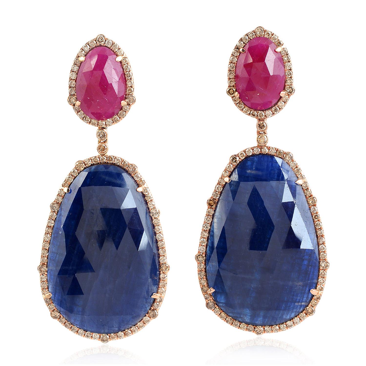 Pear Cut Sliced Ruby and Sapphire Earring Set In 18k Gold with Diamonds For Sale
