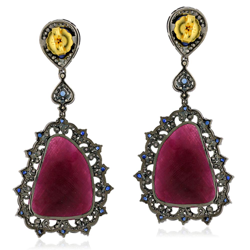Art Nouveau Sliced Ruby Earrings with Blue Sapphire & Diamond Made in 18k Gold & Silver For Sale