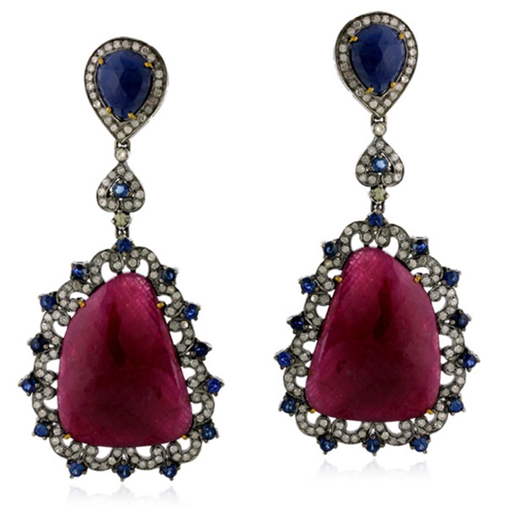 Art Nouveau Sliced Ruby Earrings with Blue Sapphire & Diamond Made in 18k Gold & Silver For Sale