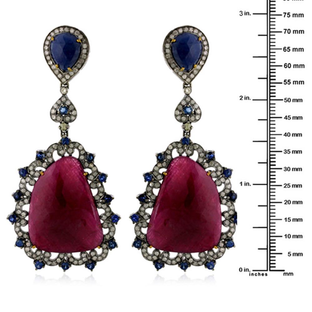 Mixed Cut Sliced Ruby Earrings with Blue Sapphire & Diamond Made in 18k Gold & Silver For Sale