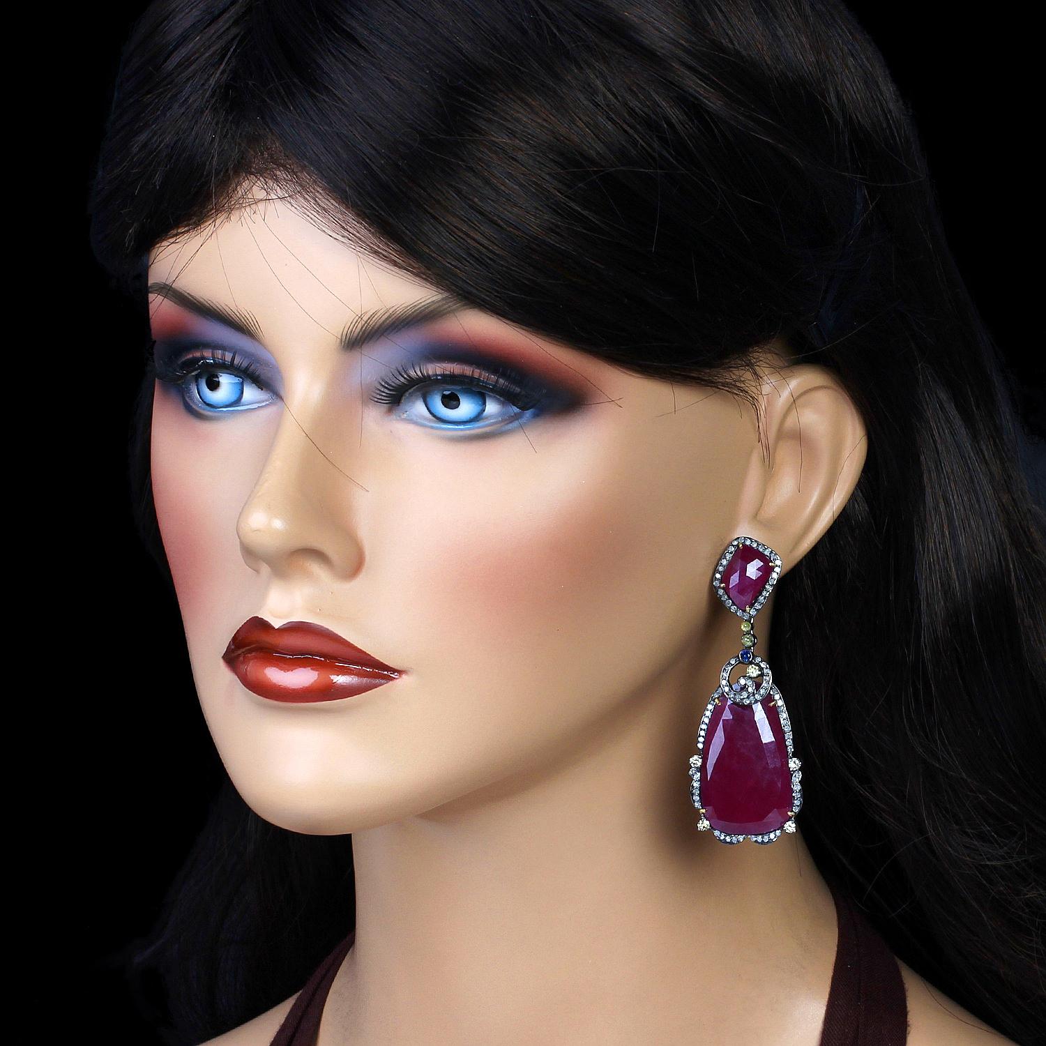 Art Nouveau Sliced Ruby Earrings With Blue Sapphire & Pave Diamonds In 18k Gold & Silver For Sale