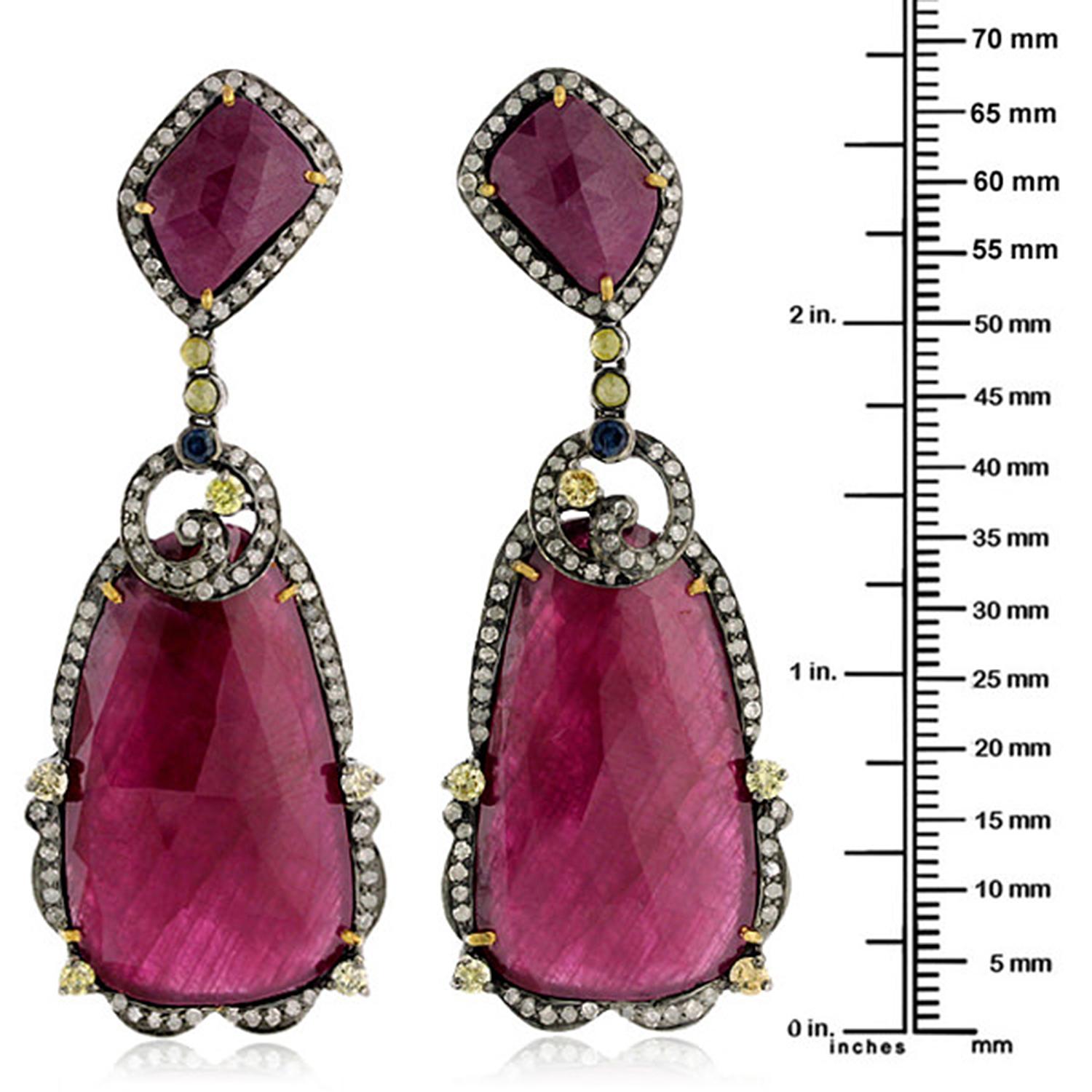 Mixed Cut Sliced Ruby Earrings With Blue Sapphire & Pave Diamonds In 18k Gold & Silver For Sale