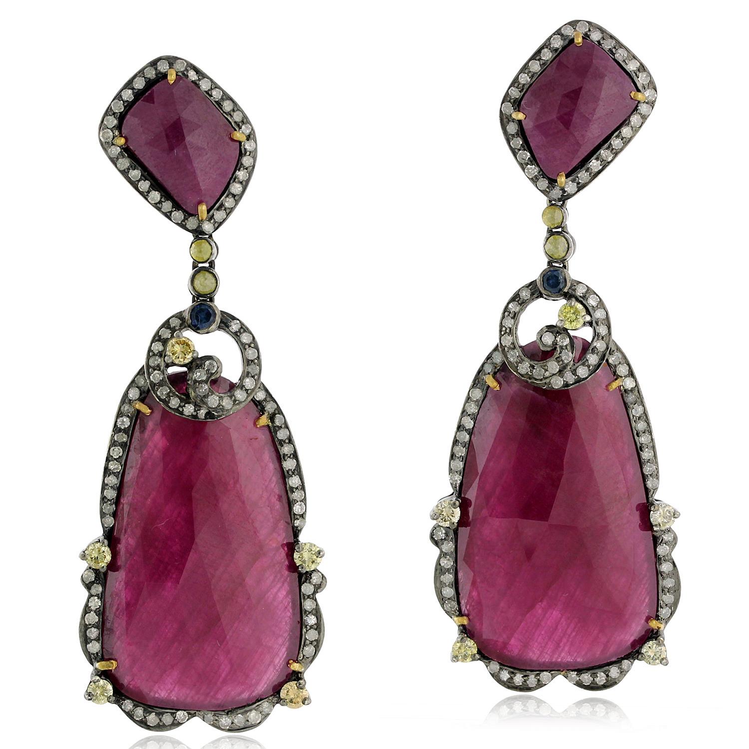 Sliced Ruby Earrings With Blue Sapphire & Pave Diamonds In 18k Gold & Silver In New Condition For Sale In New York, NY