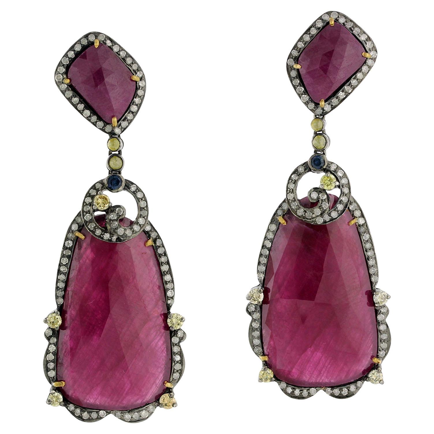 Sliced Ruby Earrings With Blue Sapphire & Pave Diamonds In 18k Gold & Silver For Sale