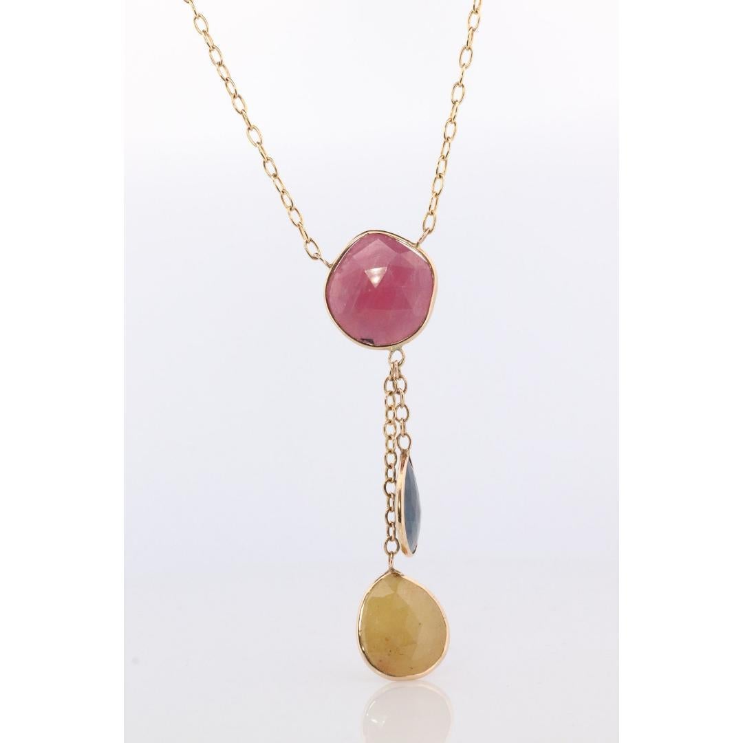 Collier lariat en or jaune 14 carats avec saphirs multicolores Bon état - En vente à Port Charlotte, FL