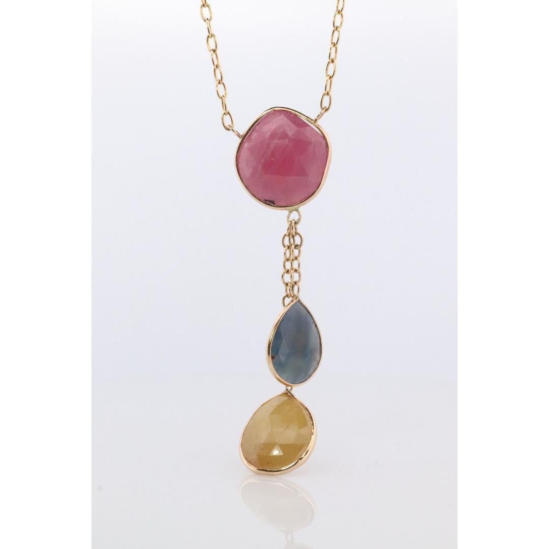 Collier lariat en or jaune 14 carats avec saphirs multicolores Pour femmes en vente