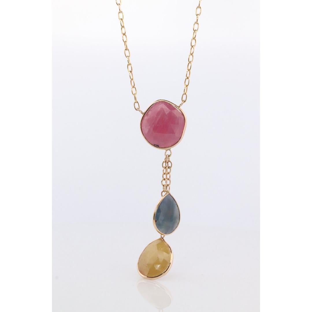 Collier lariat en or jaune 14 carats avec saphirs multicolores en vente 3