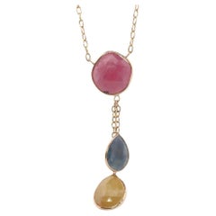 Collar Lariat Zafiro Rebanado. Colgante de Zafiro Multicolor de Oro Amarillo de 14k