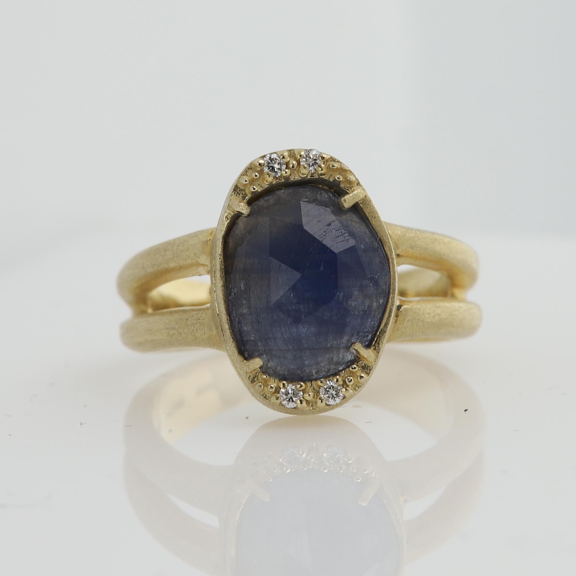 Old Mine Cut Sliced Sapphire Ring 18 Karat & Diamonds Vintage Blue Sapphire Gold Ring