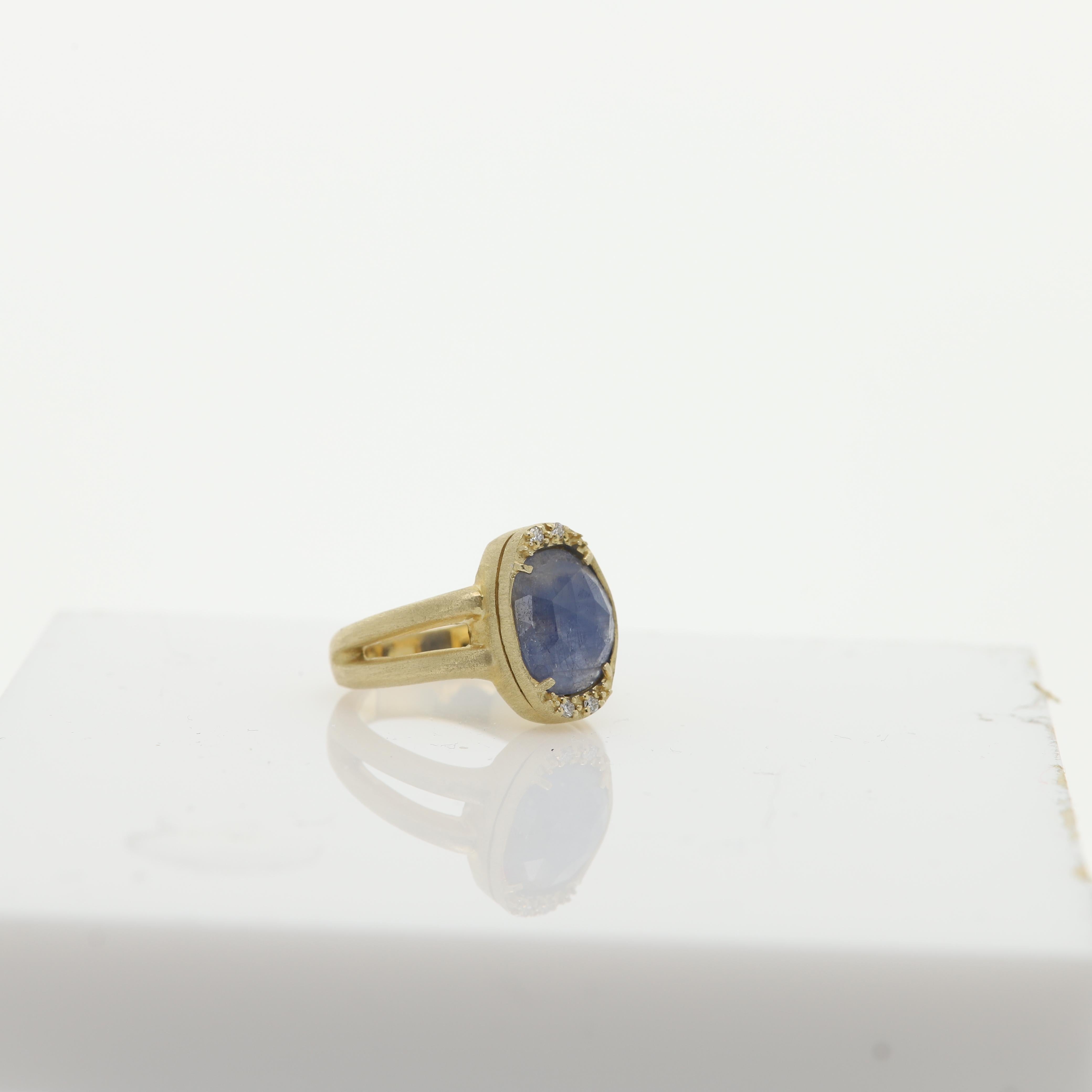 Sliced Sapphire Ring 18 Karat & Diamonds Vintage Blue Sapphire Gold Ring 4