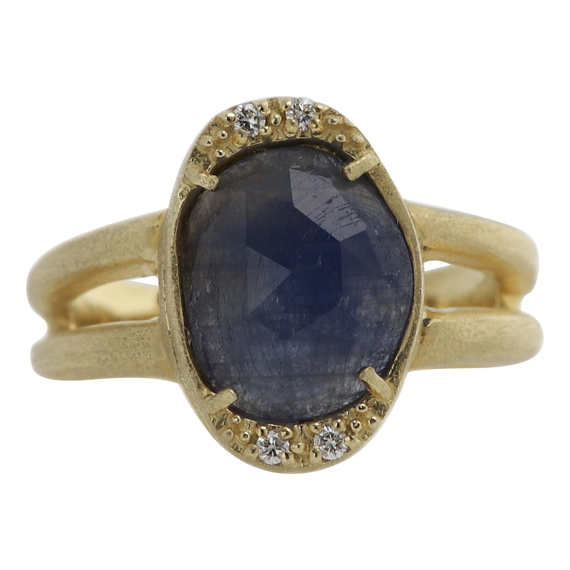 Sliced Sapphire Ring 18 Karat & Diamonds Vintage Blue Sapphire Gold Ring