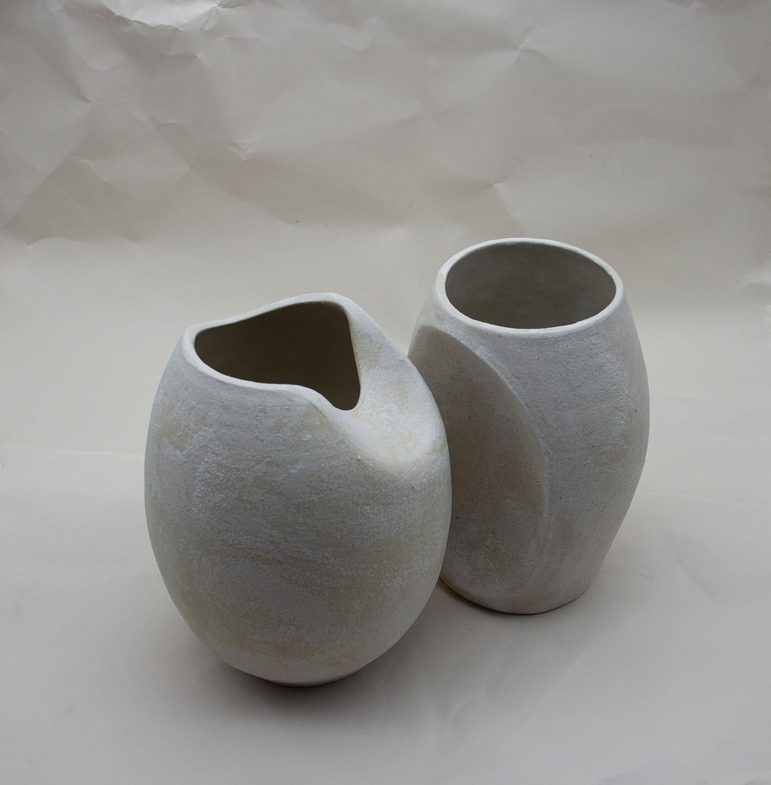 British Sliced Sphere with Half Sliced Form Ceramic Sculpture in Warm Beige Stoneware