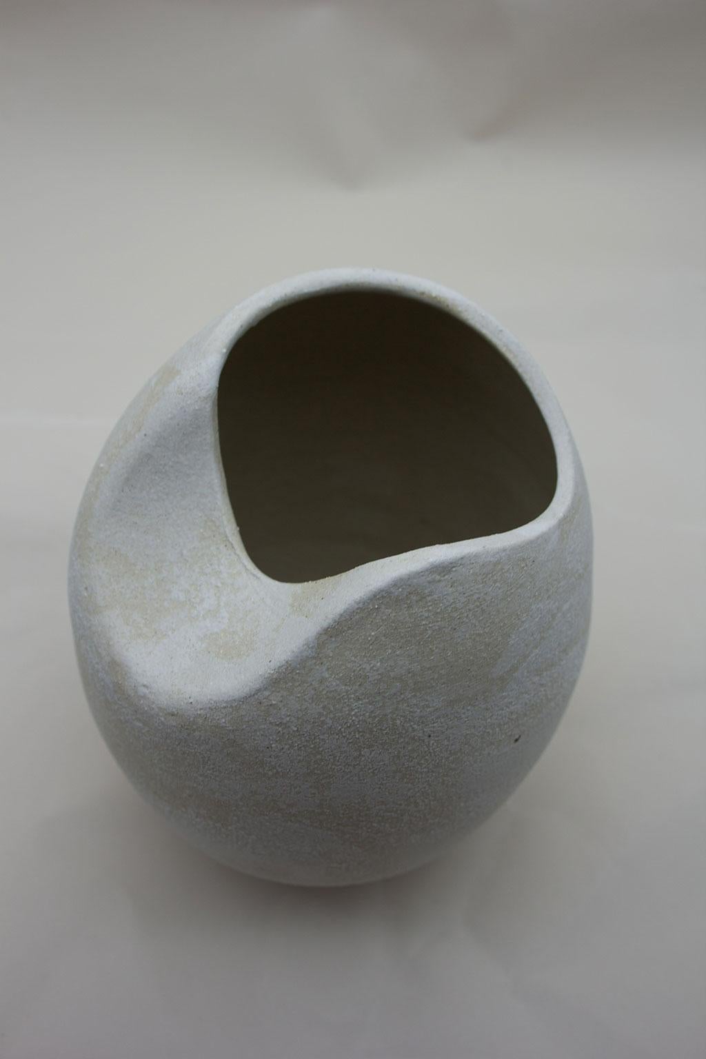 Hand-Crafted Sliced Sphere with Half Sliced Form Ceramic Sculpture in Warm Beige Stoneware