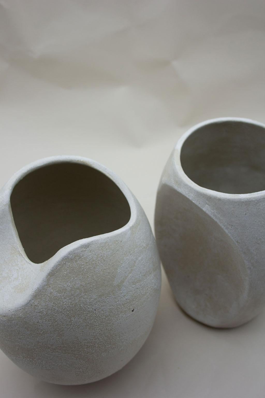 Contemporary Sliced Sphere with Half Sliced Form Ceramic Sculpture in Warm Beige Stoneware