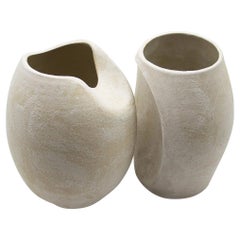 Sliced Sphere with Half Sliced Form Ceramic Sculpture in Warm Beige Stoneware