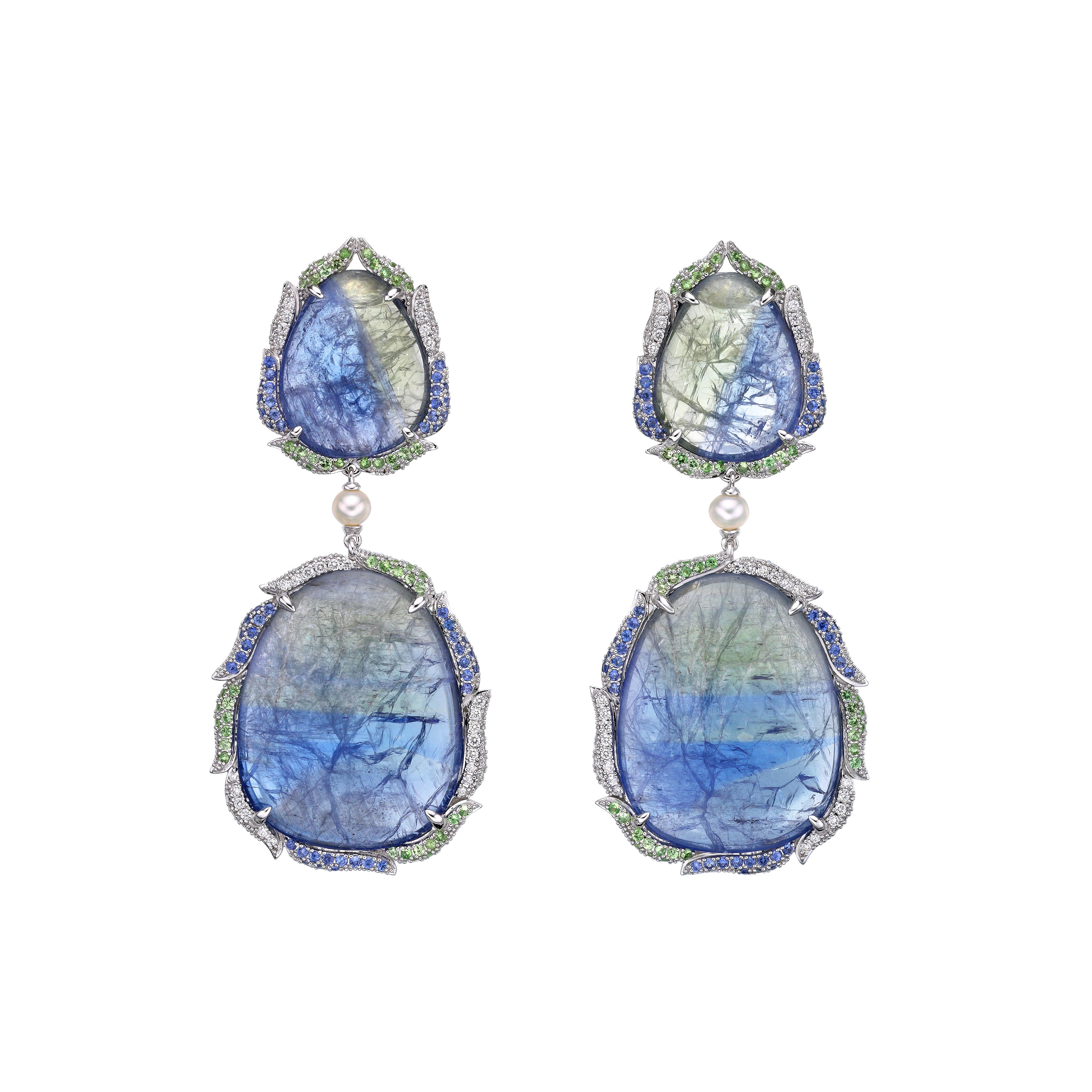 Cabochon Sliced Tanzanite Earrings with Gemstone & Diamond in 18 Karat White Gold For Sale