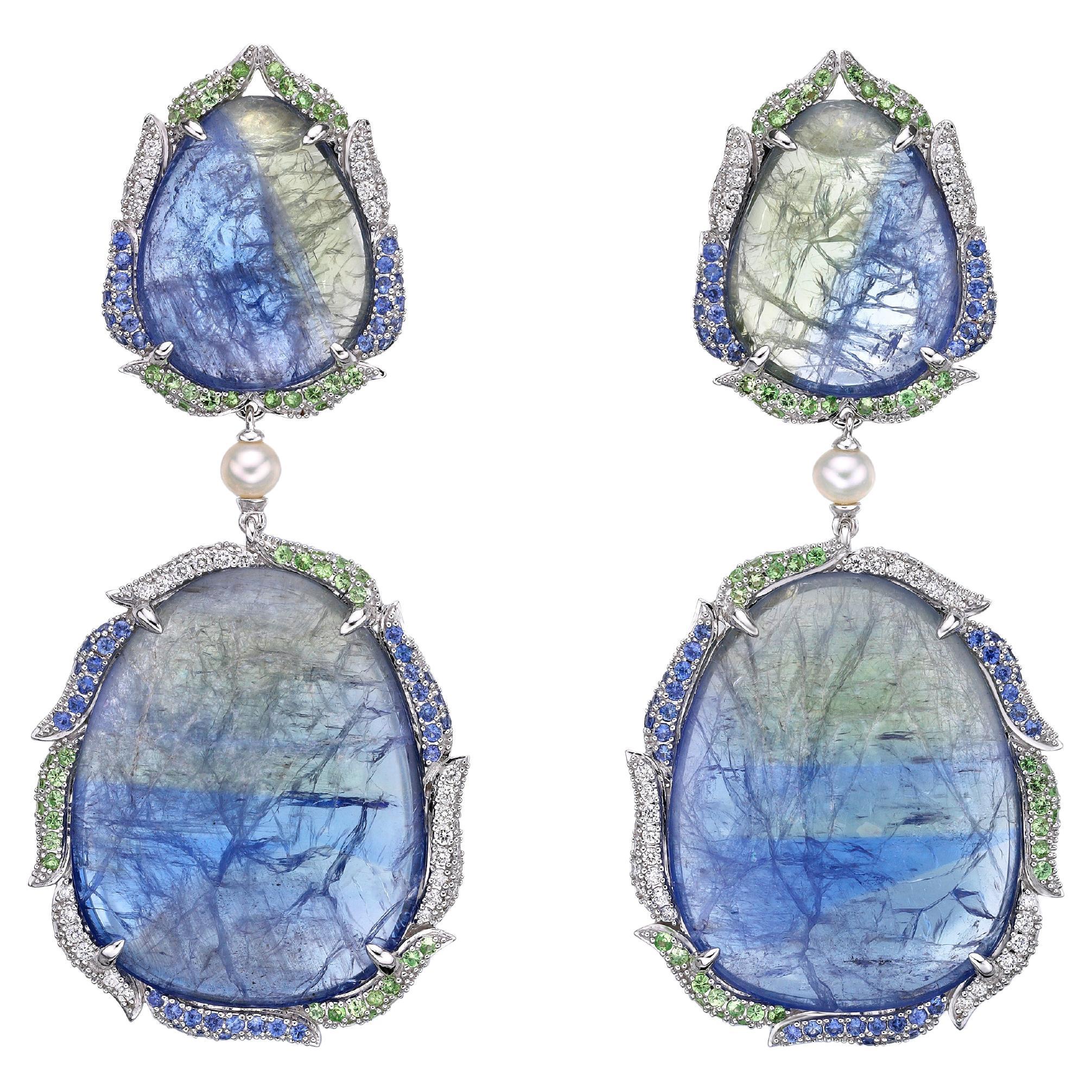 Sliced Tanzanite Earrings with Gemstone & Diamond in 18 Karat White Gold