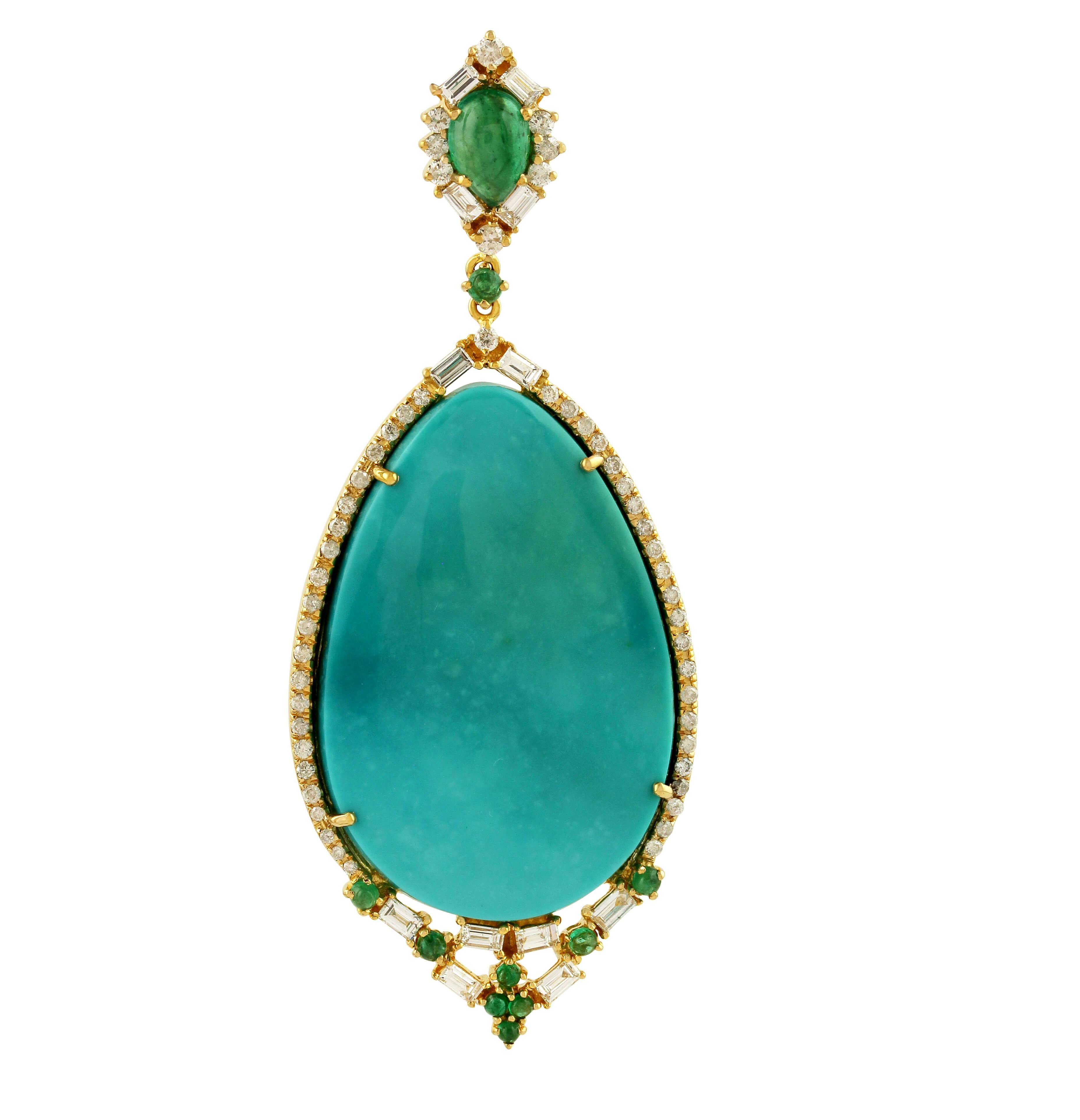 Designer Anhänger mit geschliffenem Türkis, Diamant und Smaragd aus 18K Gelbgold



18K:7.00gms
Diamant: 0,93cts
Smaragd: 1.22cts
Türkis: 23,5cts