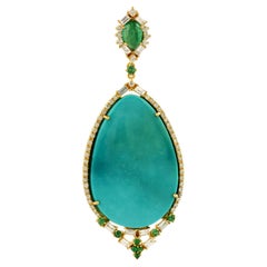Sliced Turquoise, Diamond and Emerald Pendant in 18K Yellow Gold